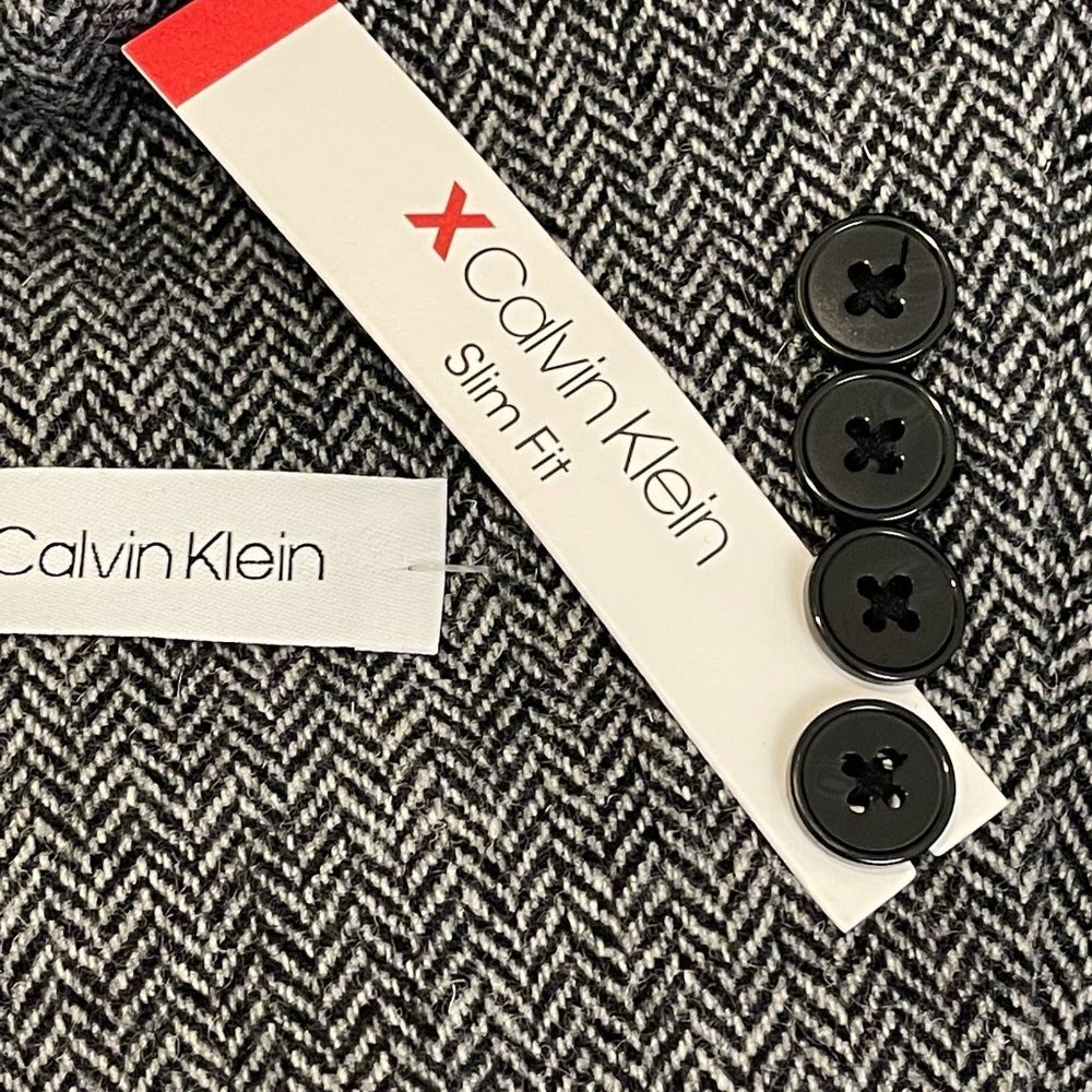 NWT Calvin Klein Herringbone Slim Fit Triple Button Suit Blazer White/Black 42R - Picture 5 of 9